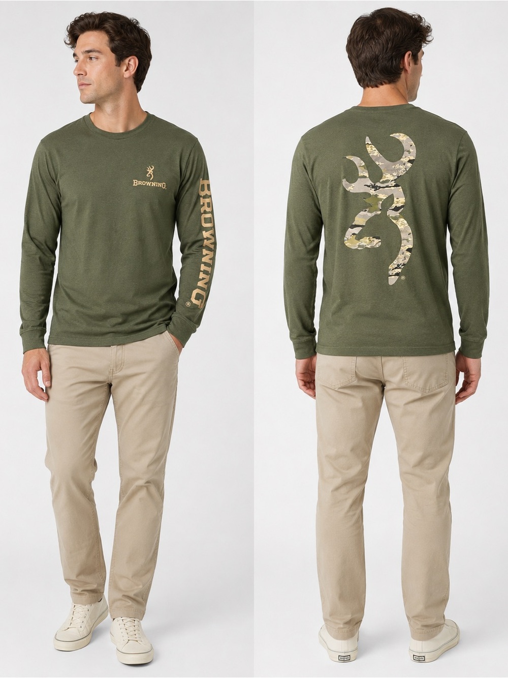 Browning Olive Long-Sleeve Logo Tee with Camo Back Graphic